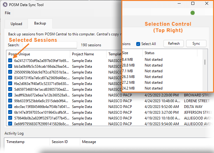 Select all sessions for backup
