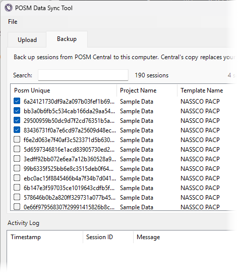 Select Central sessions for backup