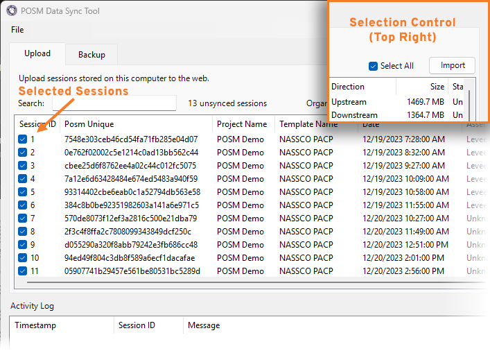 Select all sessions for upload