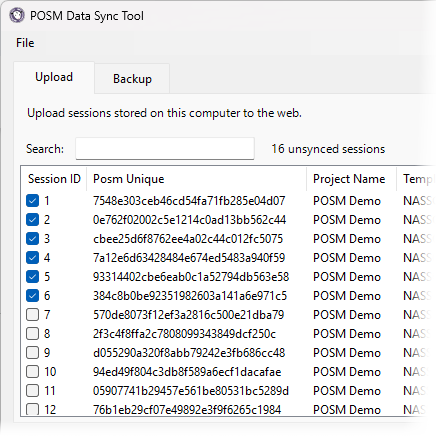 Select sessions for upload