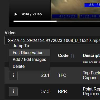 Edit Observation Context Menu