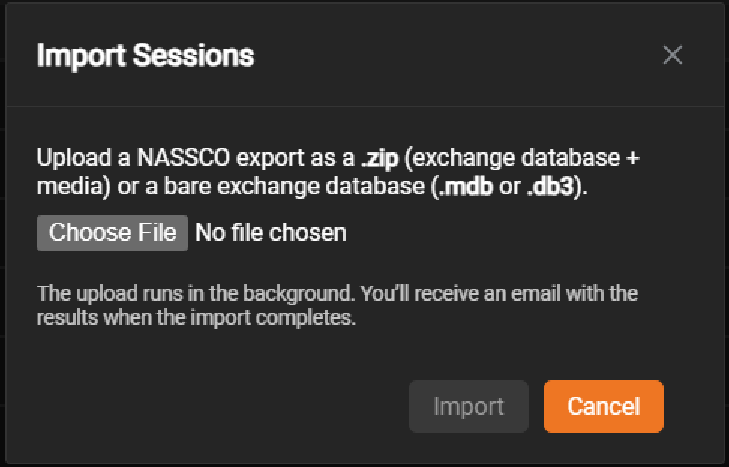 Import sessions window