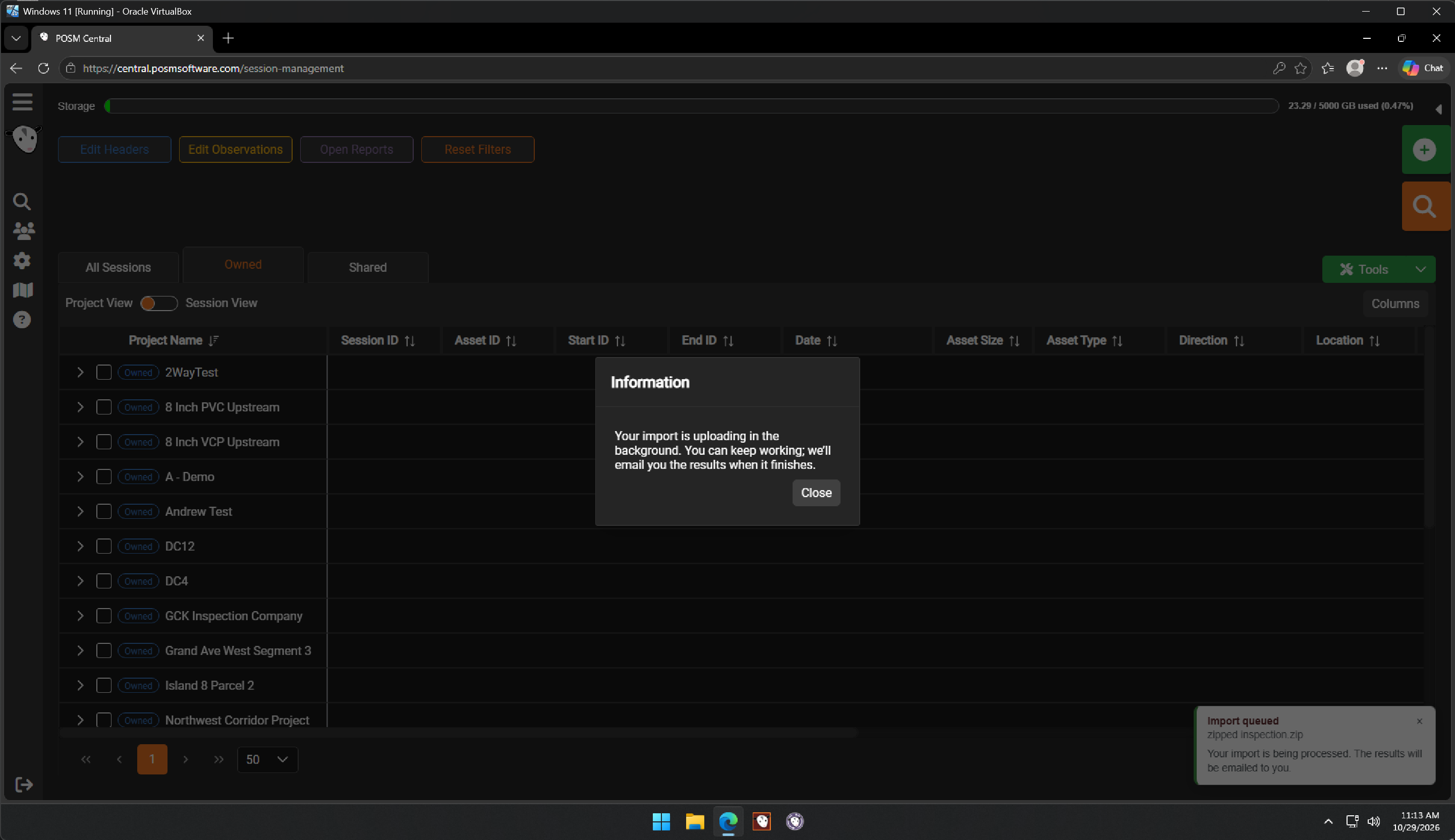 Import upload in progress