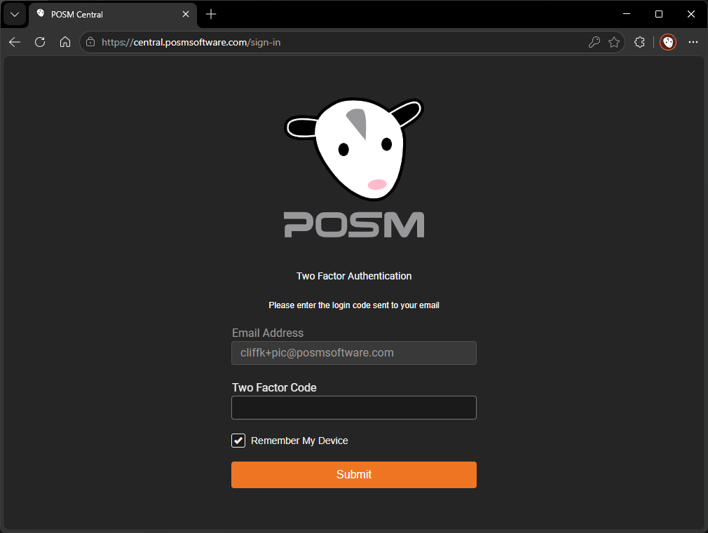 Enter the POSM Central two-factor authentication code