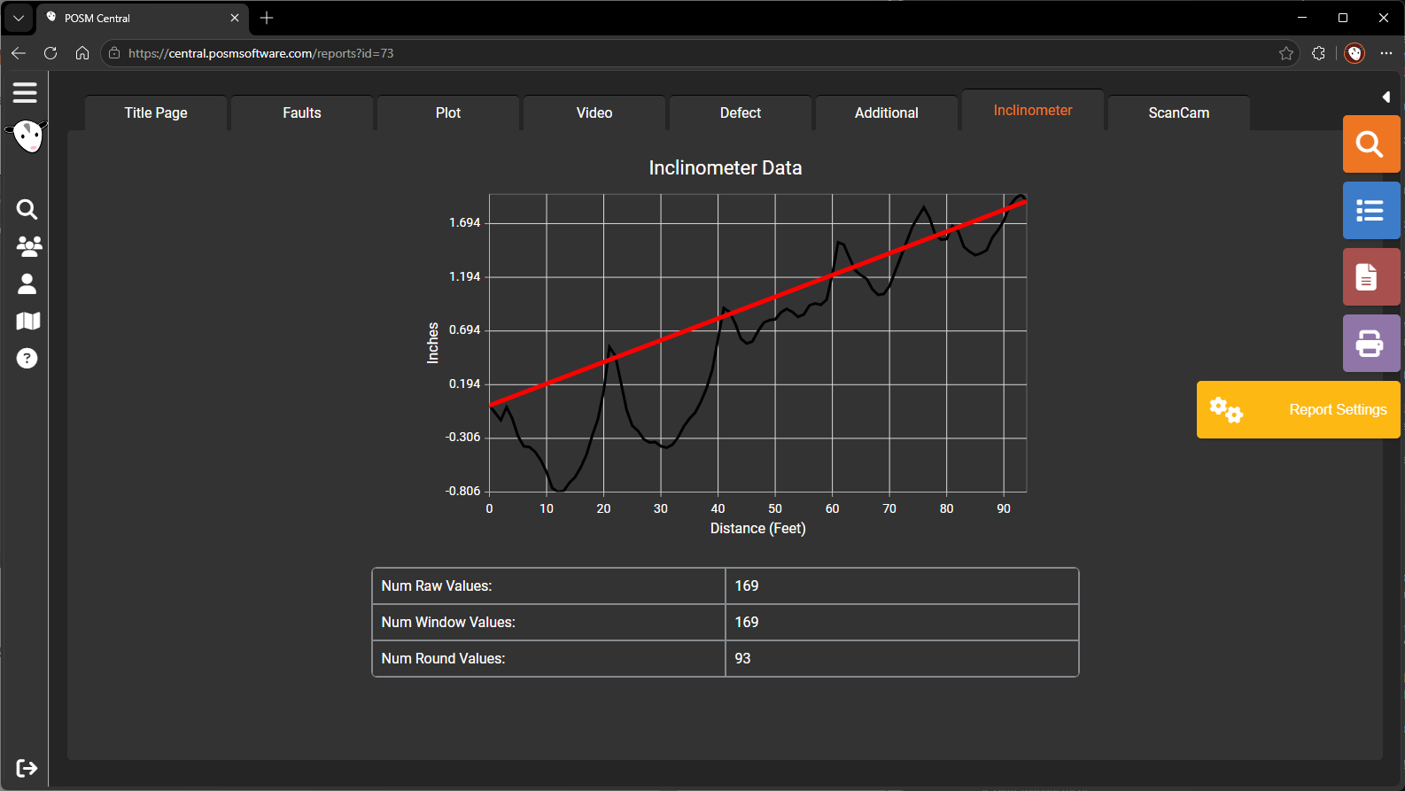 Inclination Report Settings button