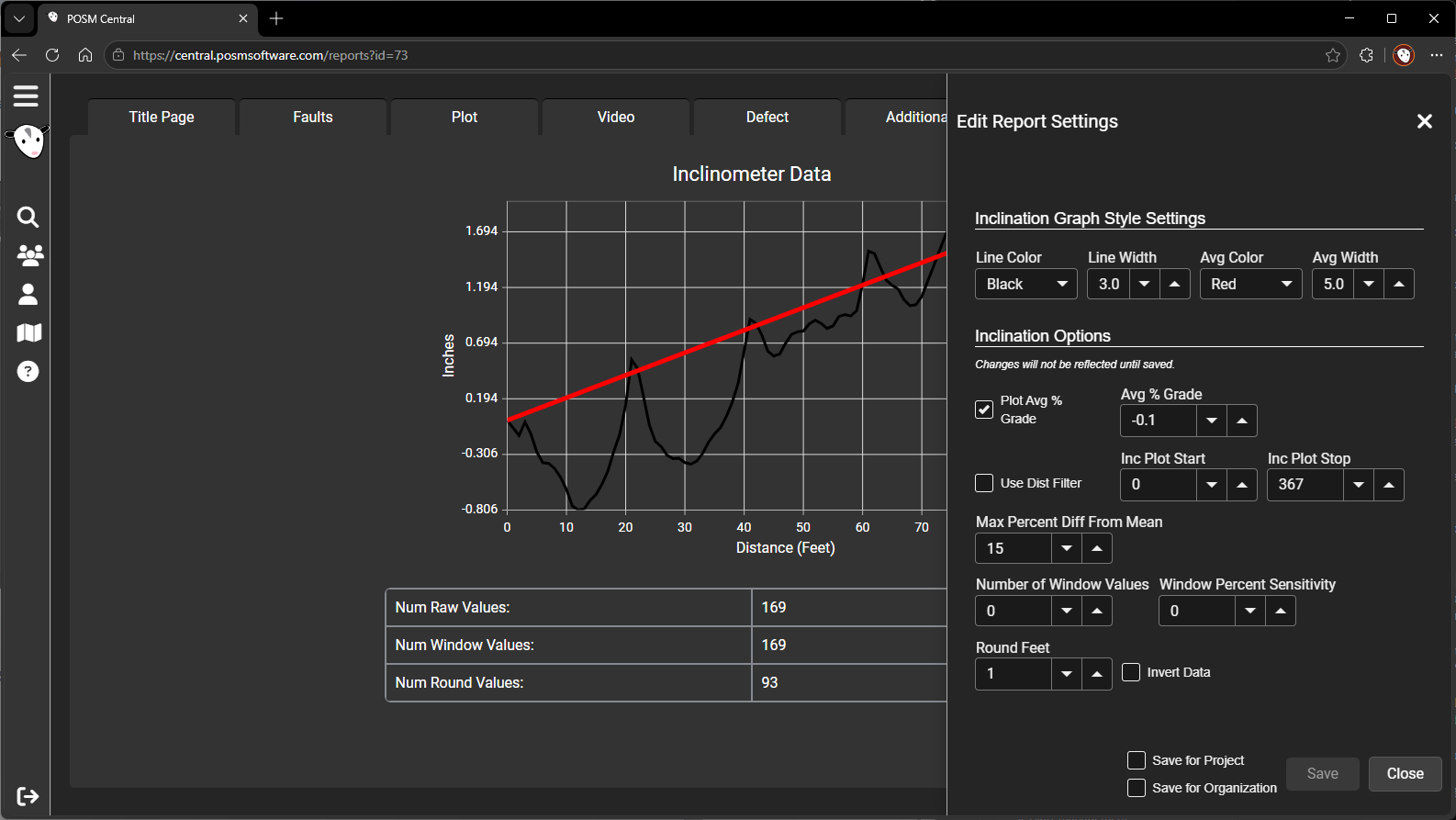 Inclination Report Settings window