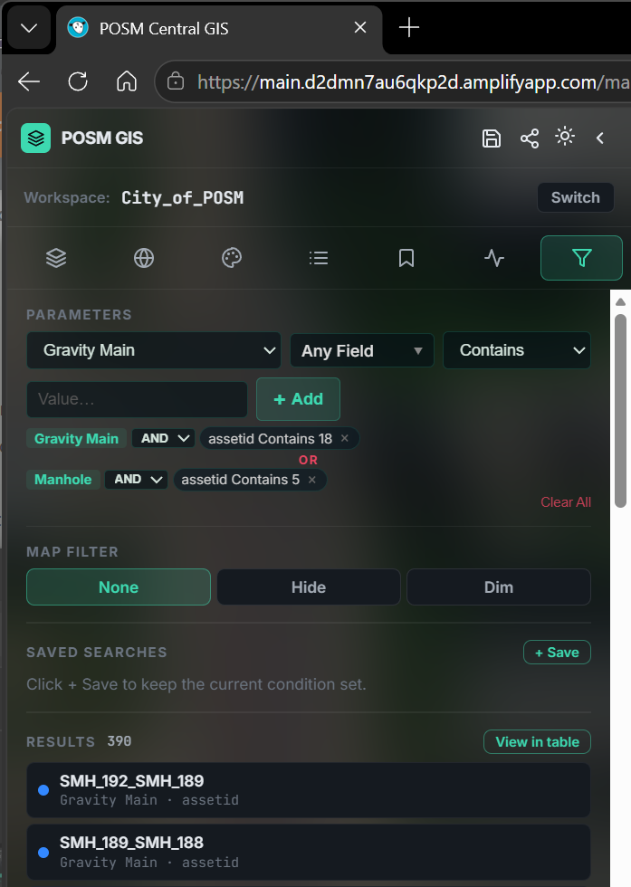 POSM Central GIS Advanced Search panel