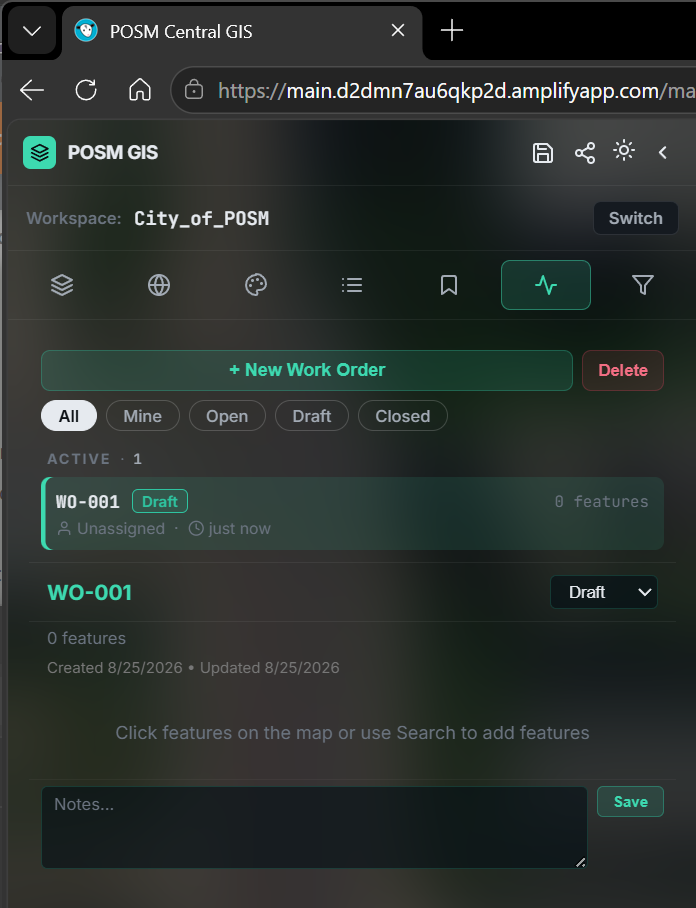 POSM Central GIS Work Orders panel