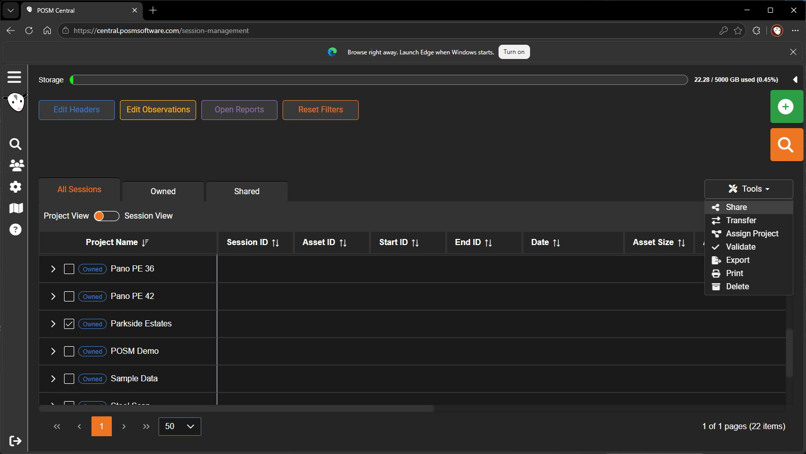 Select a project to share from Project View