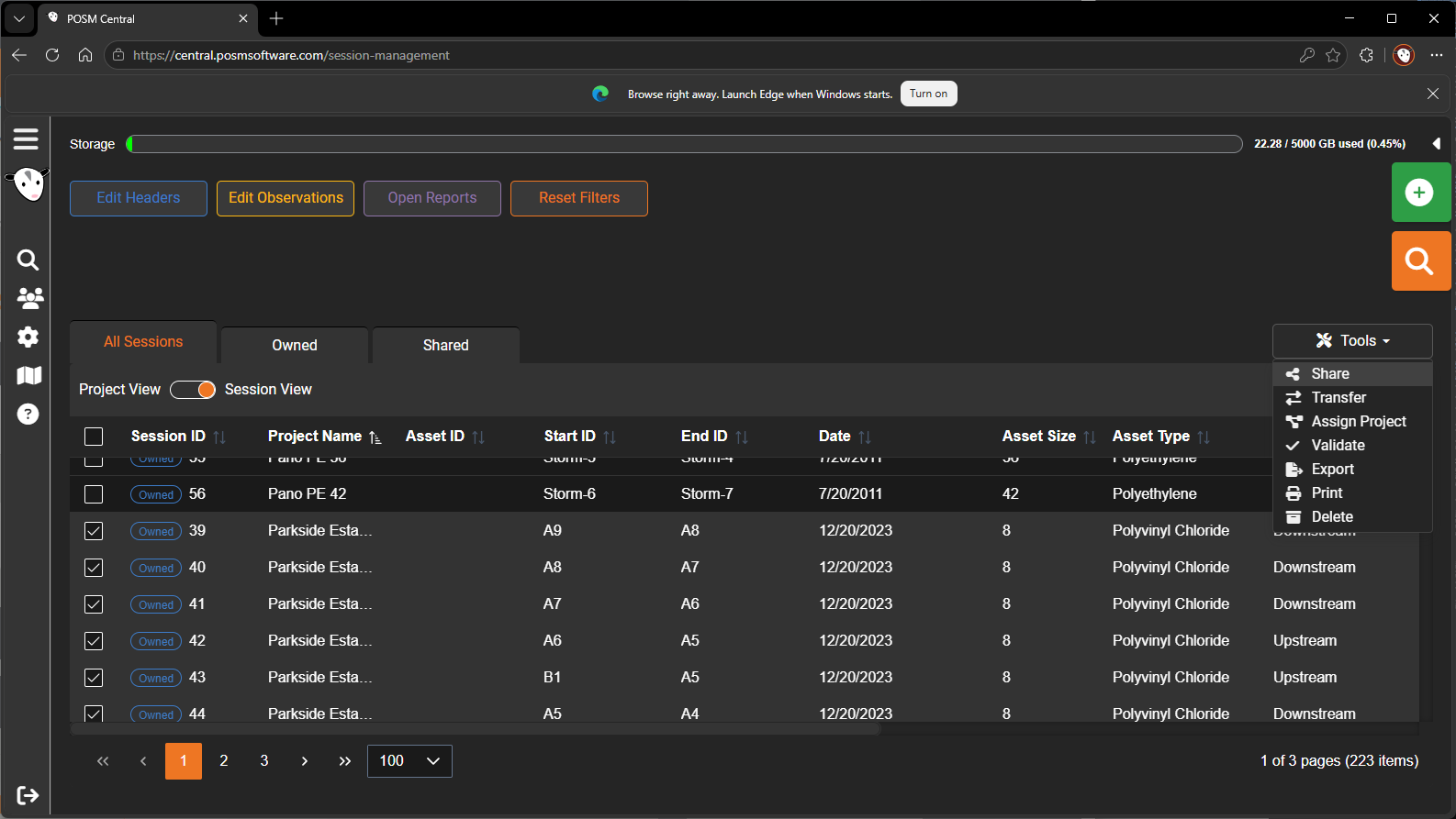 Select inspections to share from Session View