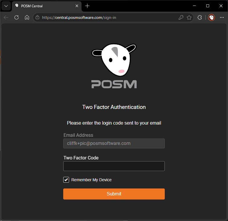 POSM Central two-factor authentication sign-in