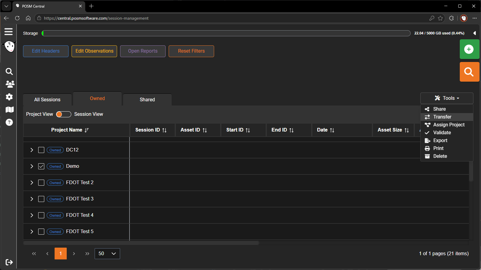 Select projects to transfer from Project View