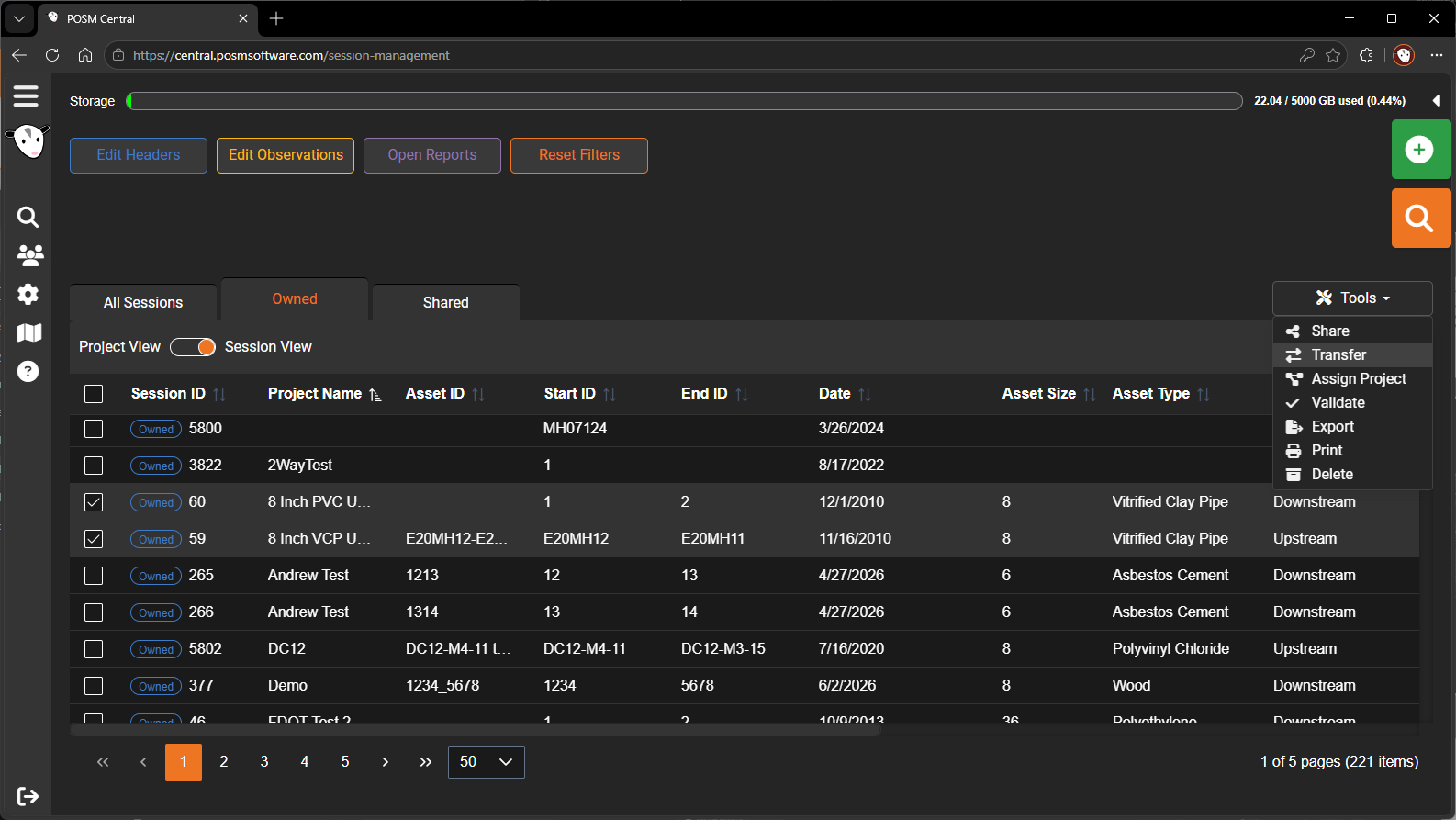 Select sessions to transfer from Session View
